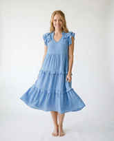 Textured Ruffle Sleeve Tiered Midi Dress | Cottage Blush