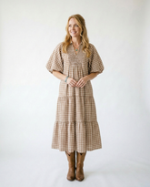 Umgee Plaid Puff Sleeve Midi Dress | Cottage Blush Gingham