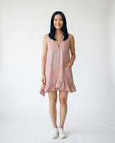 Striped Ruffle Hem Mini Dress with Zipper Neck