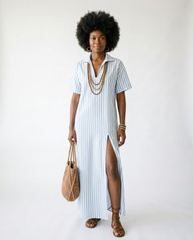 Striped High Slit Maxi Shirt Dress | Cottage Blush