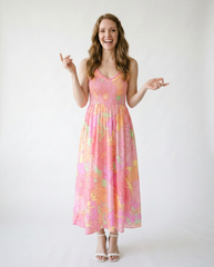 Floral Shirred High Waist Spaghetti Strap Midi Dress
