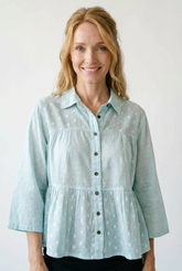 Tonal Dot Weave Ruffle Blouse | Textured Cotton Shirt