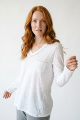 Hand-Stitched V-Neck Lightweight Knit Long Sleeve Top