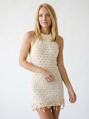 Dainty Openwork Halter Mini Dress with Tassel Detail