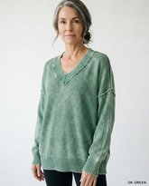 Vintage Washed Deep V-Neck Oversized Cotton Sweater