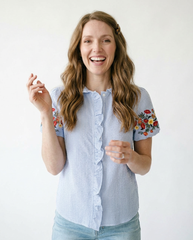 Floral Embroidered Puff Sleeve Stripe Top | Cottage Blush