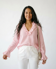 Vintage Ruffled V-Neck Long Sleeve Blouse | Cottage Blush