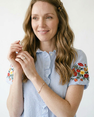 Floral Embroidered Puff Sleeve Stripe Top | Cottage Blush