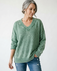 Vintage Washed Deep V-Neck Oversized Cotton Sweater