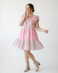 Umgee Patchwork Flutter Sleeve Tiered Cottagecore Dress