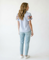 Floral Embroidered Puff Sleeve Stripe Top | Cottage Blush