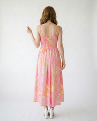 Floral Shirred High Waist Spaghetti Strap Midi Dress