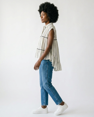 Striped Ruffle Cotton Top | Feminine Sleeveless Blouse