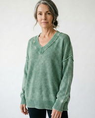 Vintage Washed Deep V-Neck Oversized Cotton Sweater