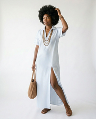 Striped High Slit Maxi Shirt Dress | Cottage Blush