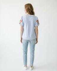 Floral Embroidered Puff Sleeve Stripe Top | Cottage Blush
