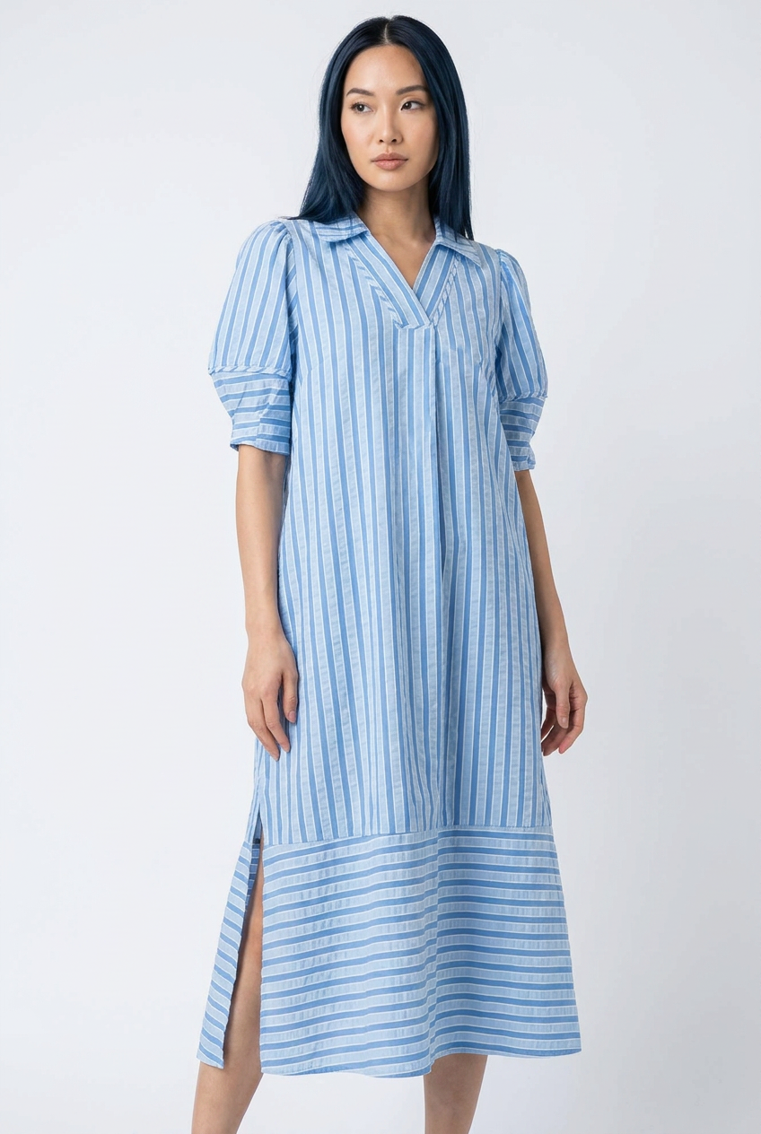 Striped Puff Sleeve Midi Dress | Cottage Blush Romantic Midi