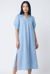 Striped Puff Sleeve Midi Dress | Cottage Blush Romantic Midi