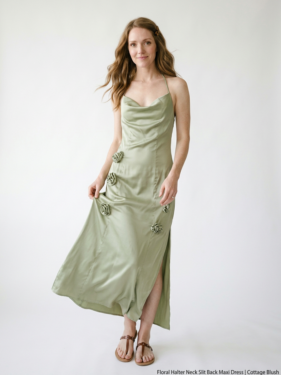 Floral Halter Neck Slit Back Maxi Dress | Cottage Blush