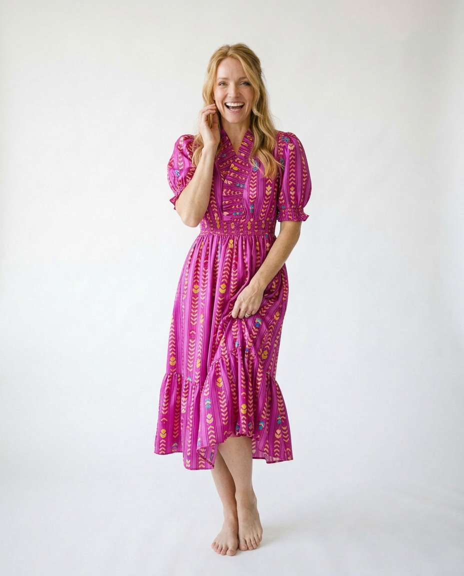 Vibrant Ruffle Smocked Midi Dress | Cottage Blush