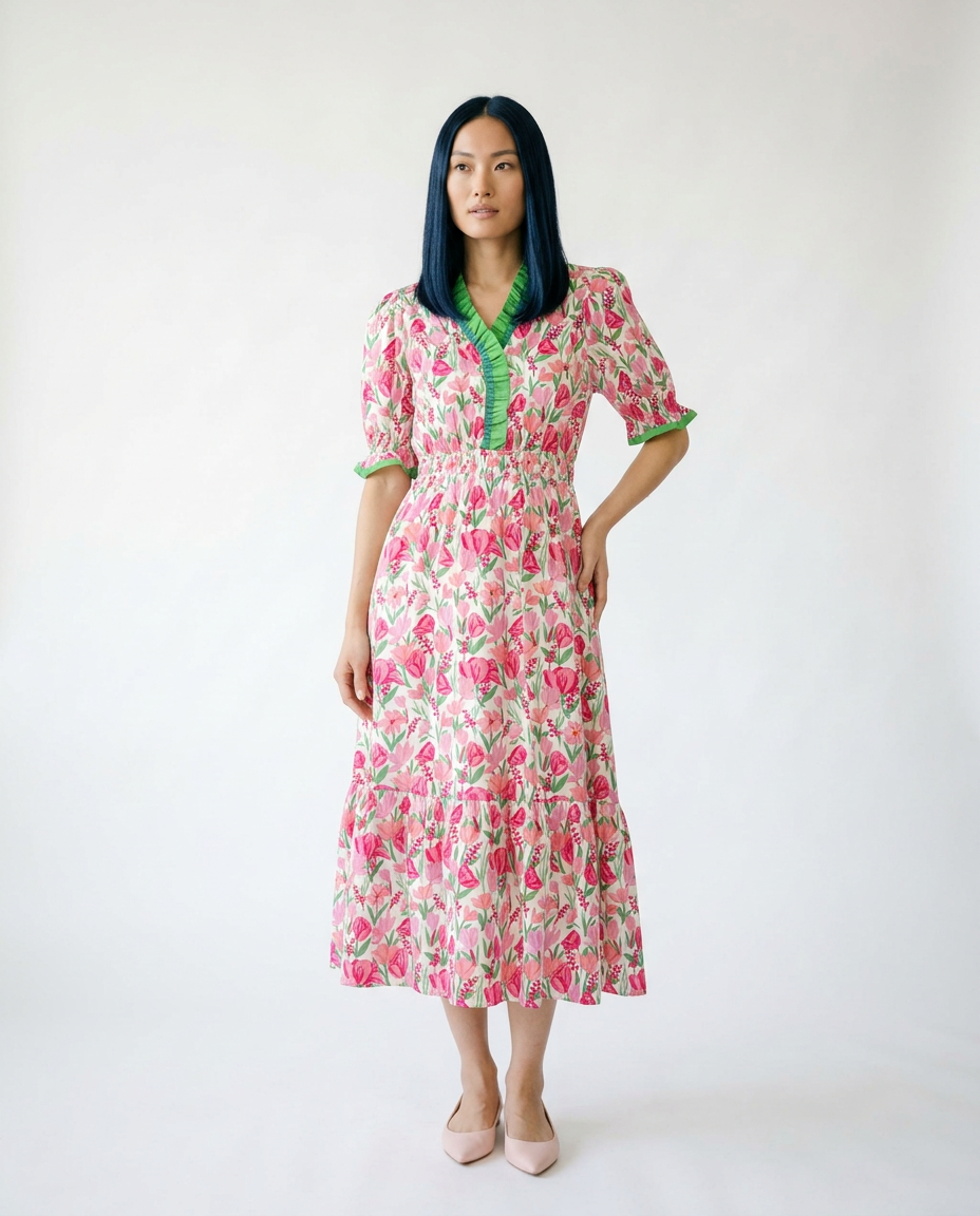 Floral Ruffle Trim Tiered Midi Dress | Cottage Blush
