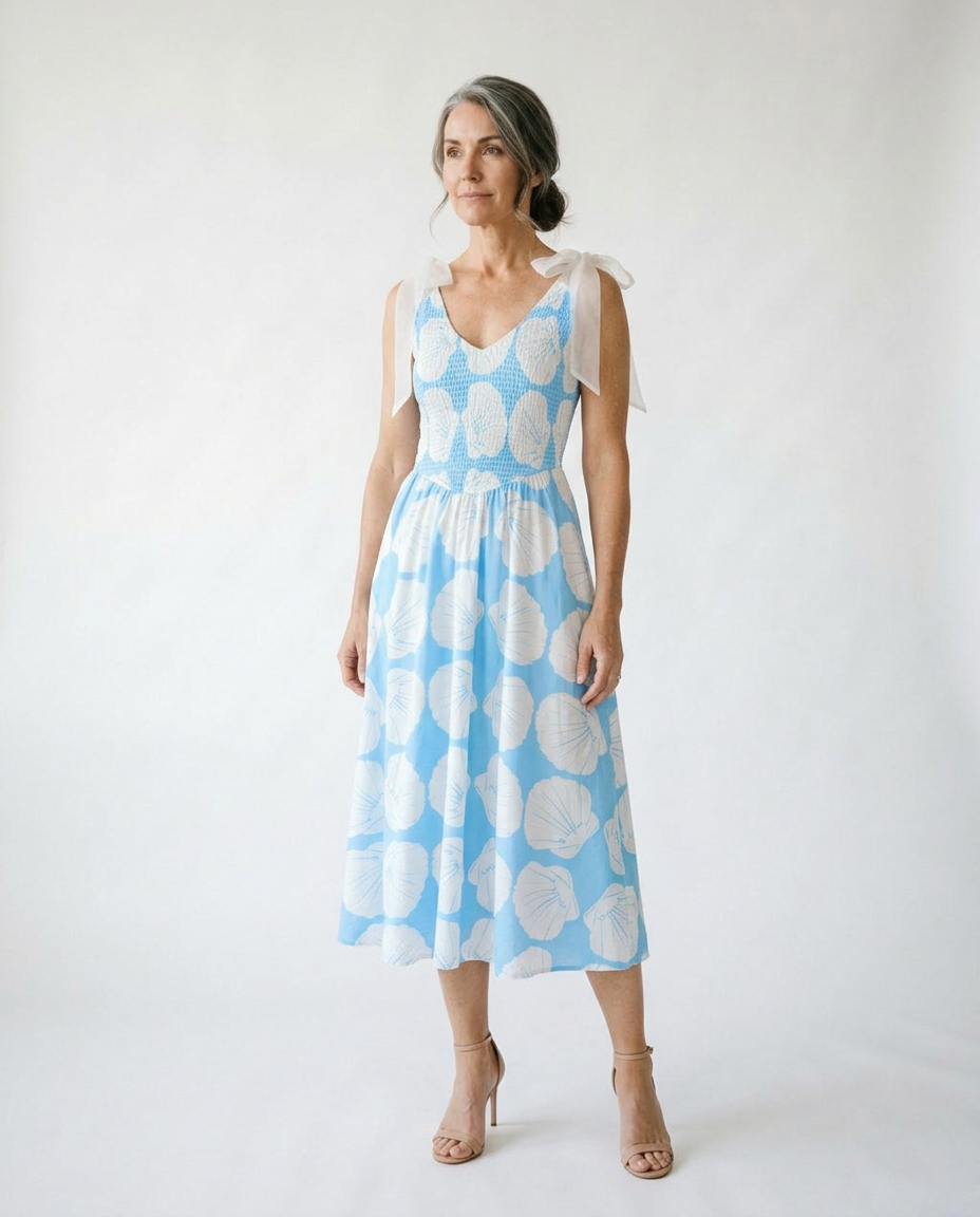 Coastal Shell Print Smocked Midi Dress | Cottage Blush