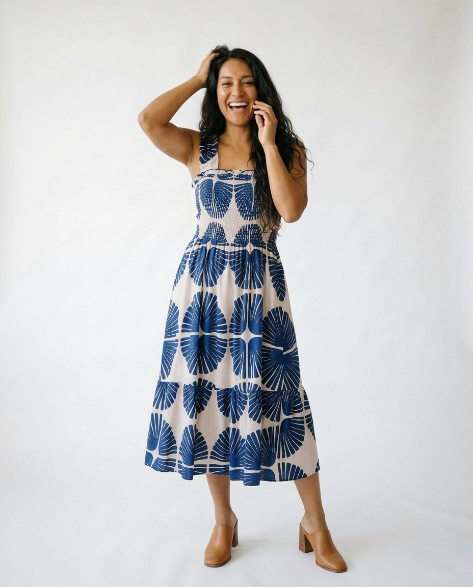 Abstract Print Smocked Tiered Midi Dress | Cottage Blush