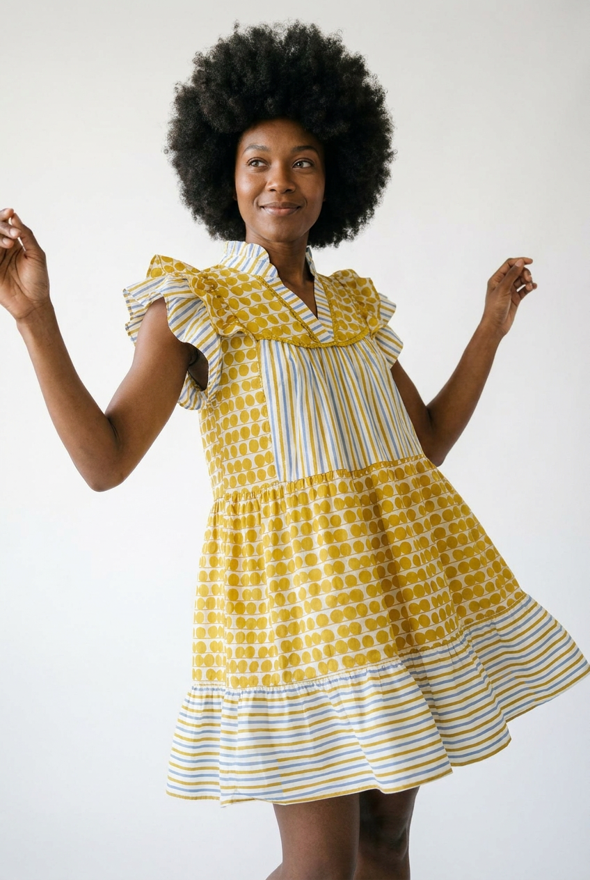 Mixed Patchwork Flutter Sleeve Tiered Dress