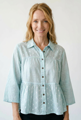 Tonal Dot Weave Ruffle Blouse | Textured Cotton Shirt