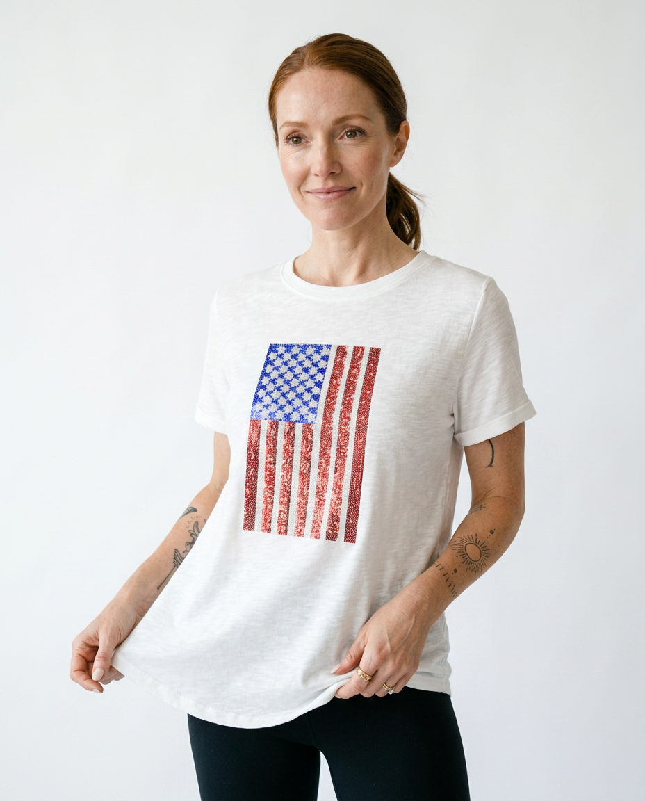Vintage Americana Sequin Flag Tee | Feminine Short Sleeve To