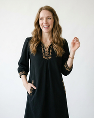 V-Neck Cotton Shift Dress with Contrast Trim | Cottage Blush