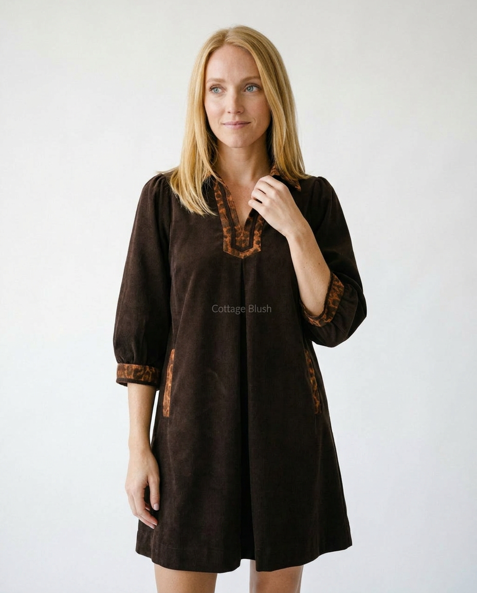 Umgee V-Neck Cotton Shift Dress with Contrast Trim