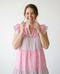 Umgee Patchwork Flutter Sleeve Tiered Cottagecore Dress