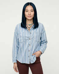 Striped Classic Denim Shacket with Raw Hem Detail