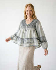Lace Pintuck Flared Blouse | Romantic Layered Cotton Top