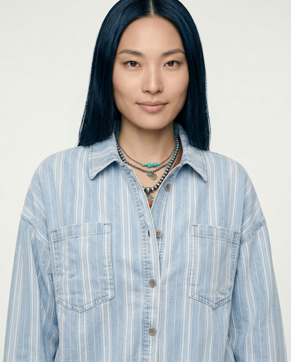 Striped Classic Denim Shacket with Raw Hem Detail