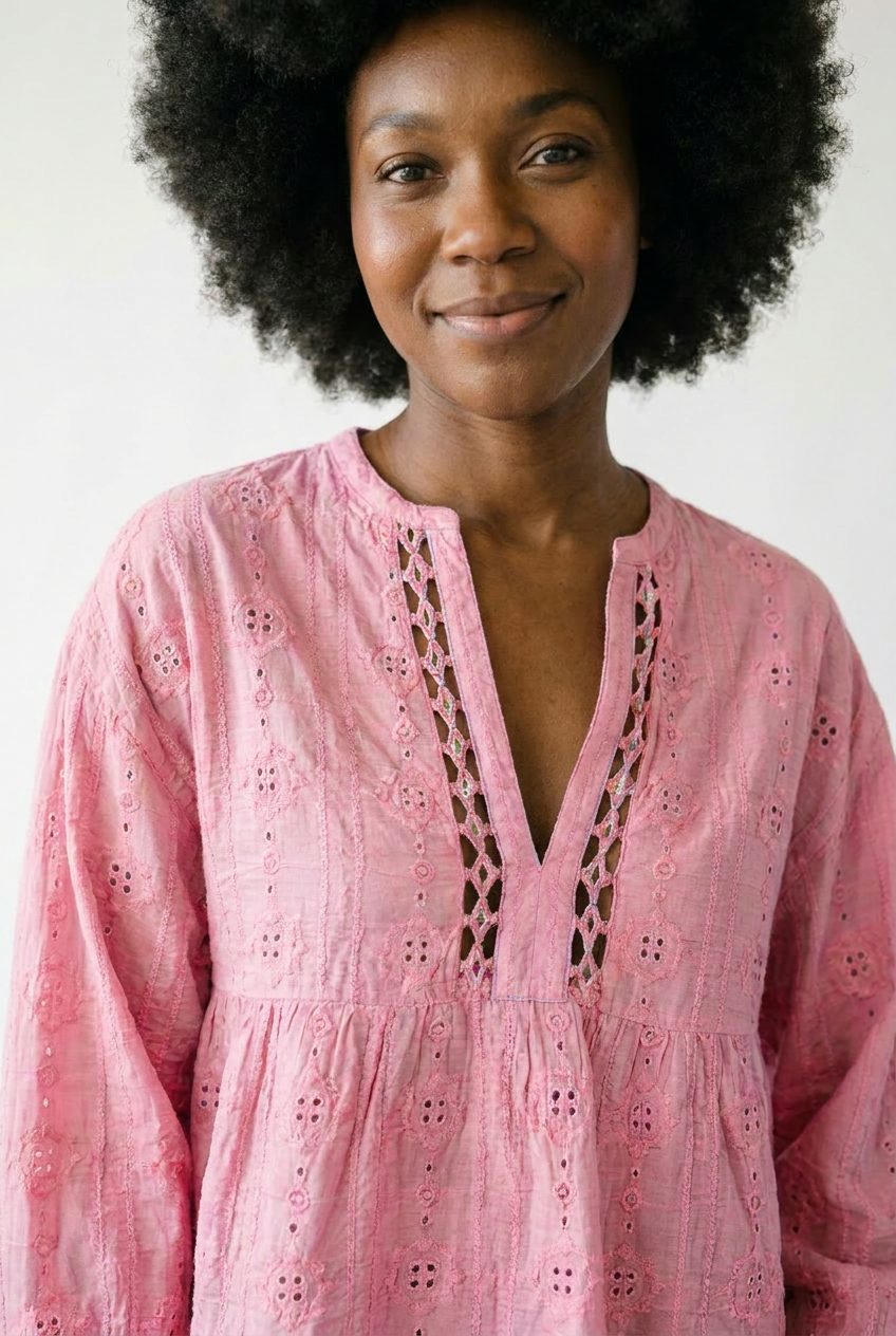 Cotton Eyelet Lace Empire Waist Blouse | Cottage Blush