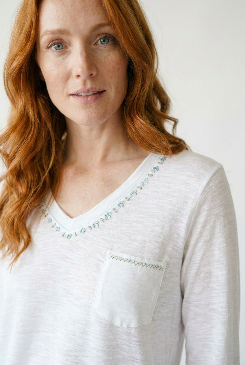 Hand-Stitched V-Neck Lightweight Knit Long Sleeve Top