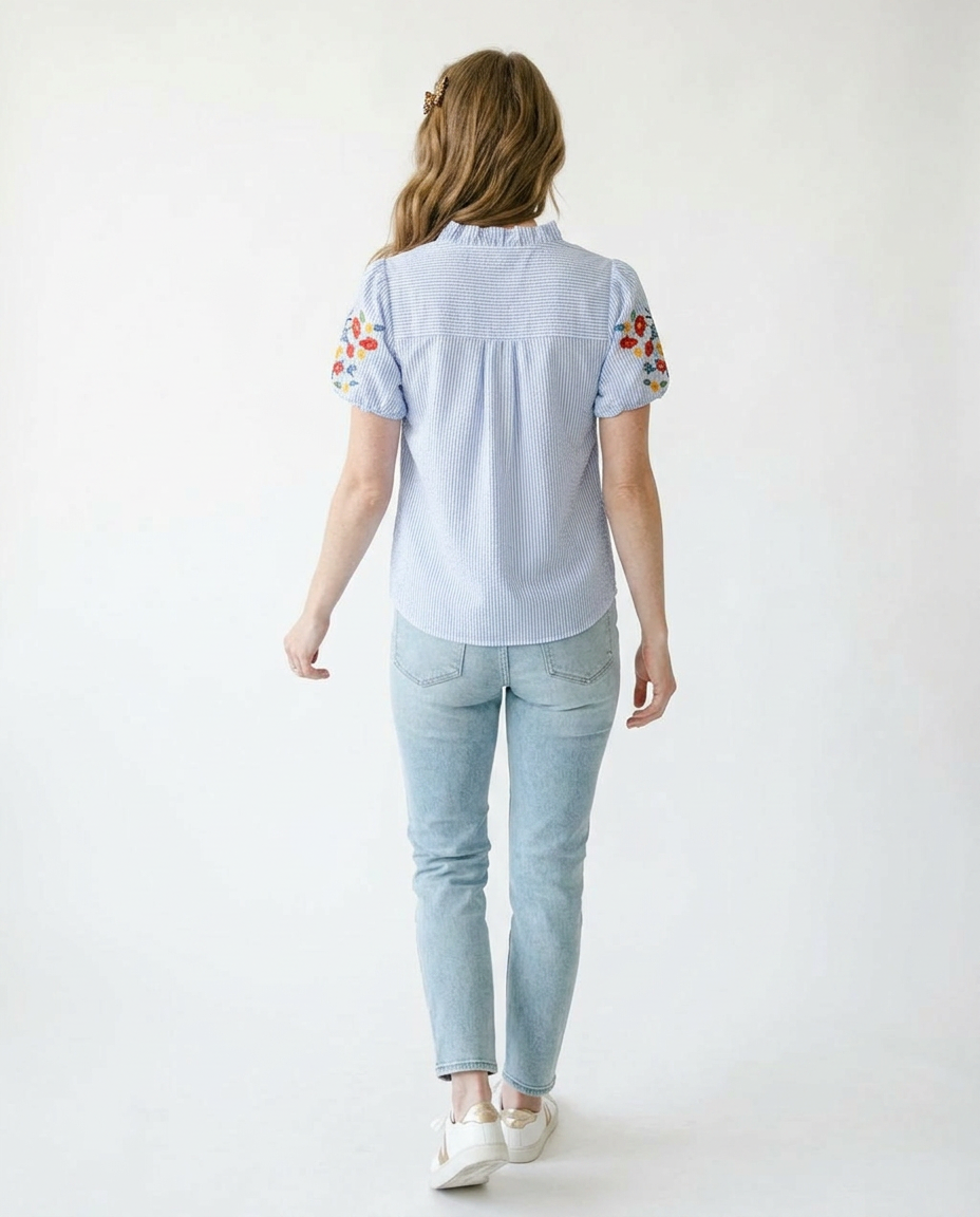Floral Embroidered Puff Sleeve Stripe Top | Cottage Blush