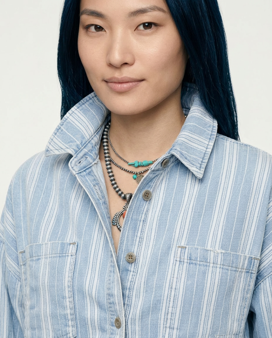 Striped Classic Denim Shacket with Raw Hem Detail