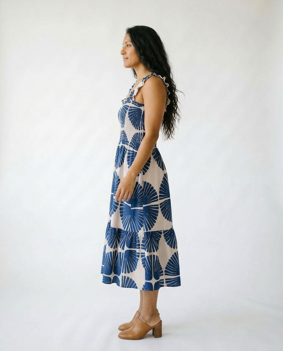 Abstract Print Smocked Tiered Midi Dress | Cottage Blush