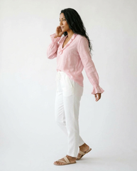 Vintage Ruffled V-Neck Long Sleeve Blouse | Cottage Blush
