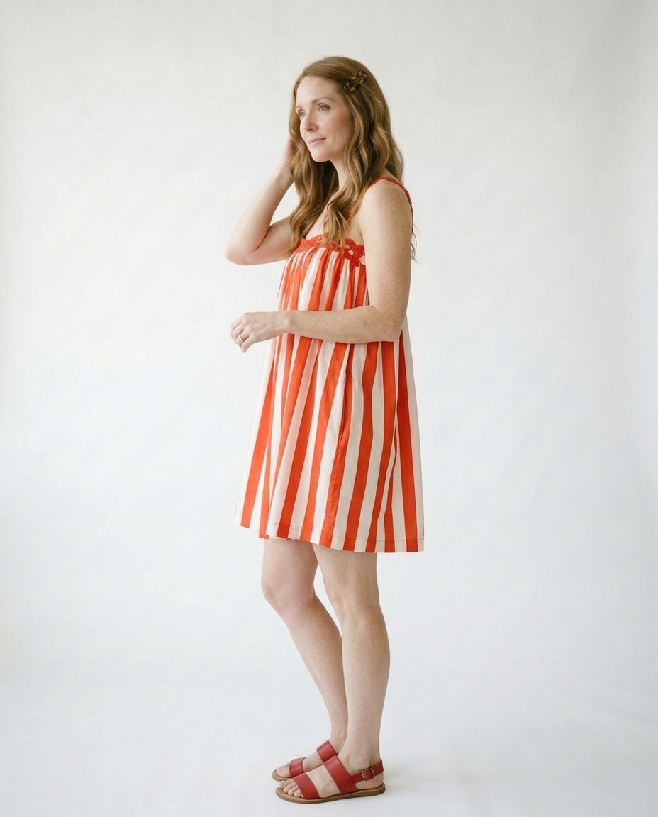 Striped Scallop Trim Cotton Mini Dress | Cottage Blush