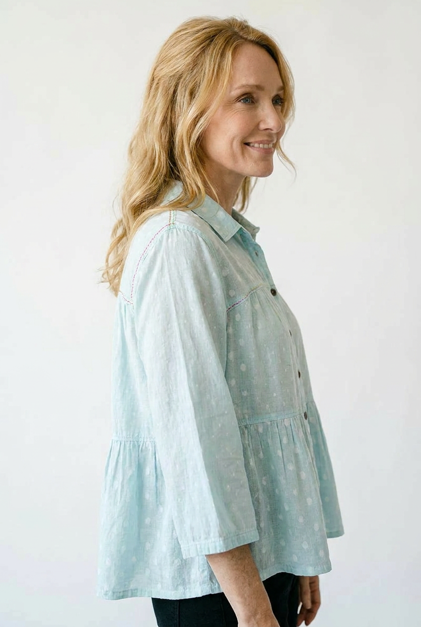 Tonal Dot Weave Ruffle Blouse | Textured Cotton Shirt