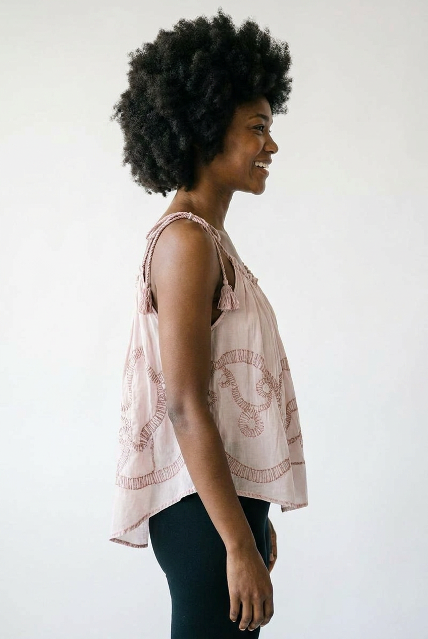 Embroidered Tassel Shoulder Tie Woven Boho Top