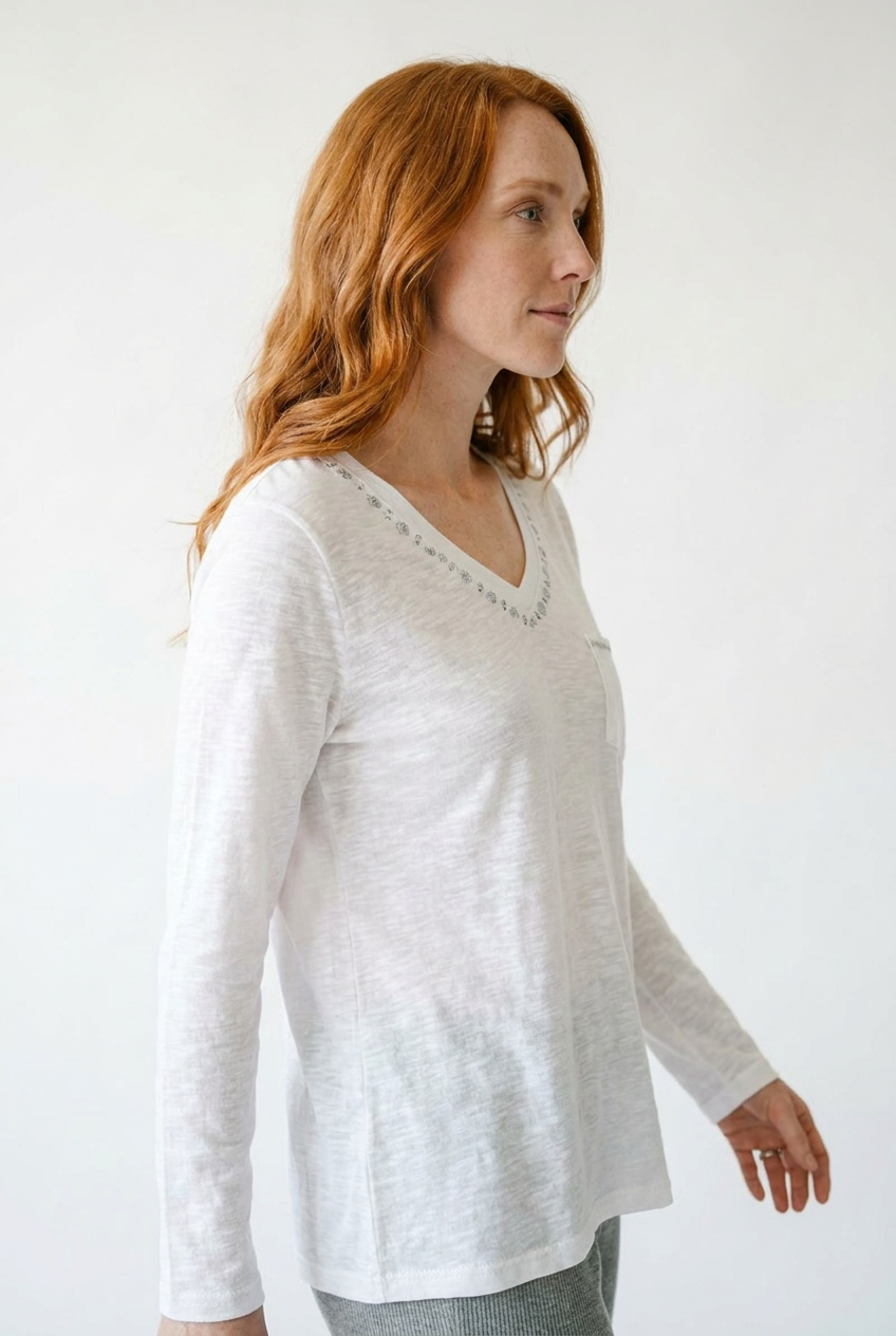 Hand-Stitched V-Neck Lightweight Knit Long Sleeve Top