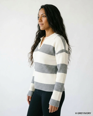 Zenana Striped Collared Sweater | Cottage Core Knit Top