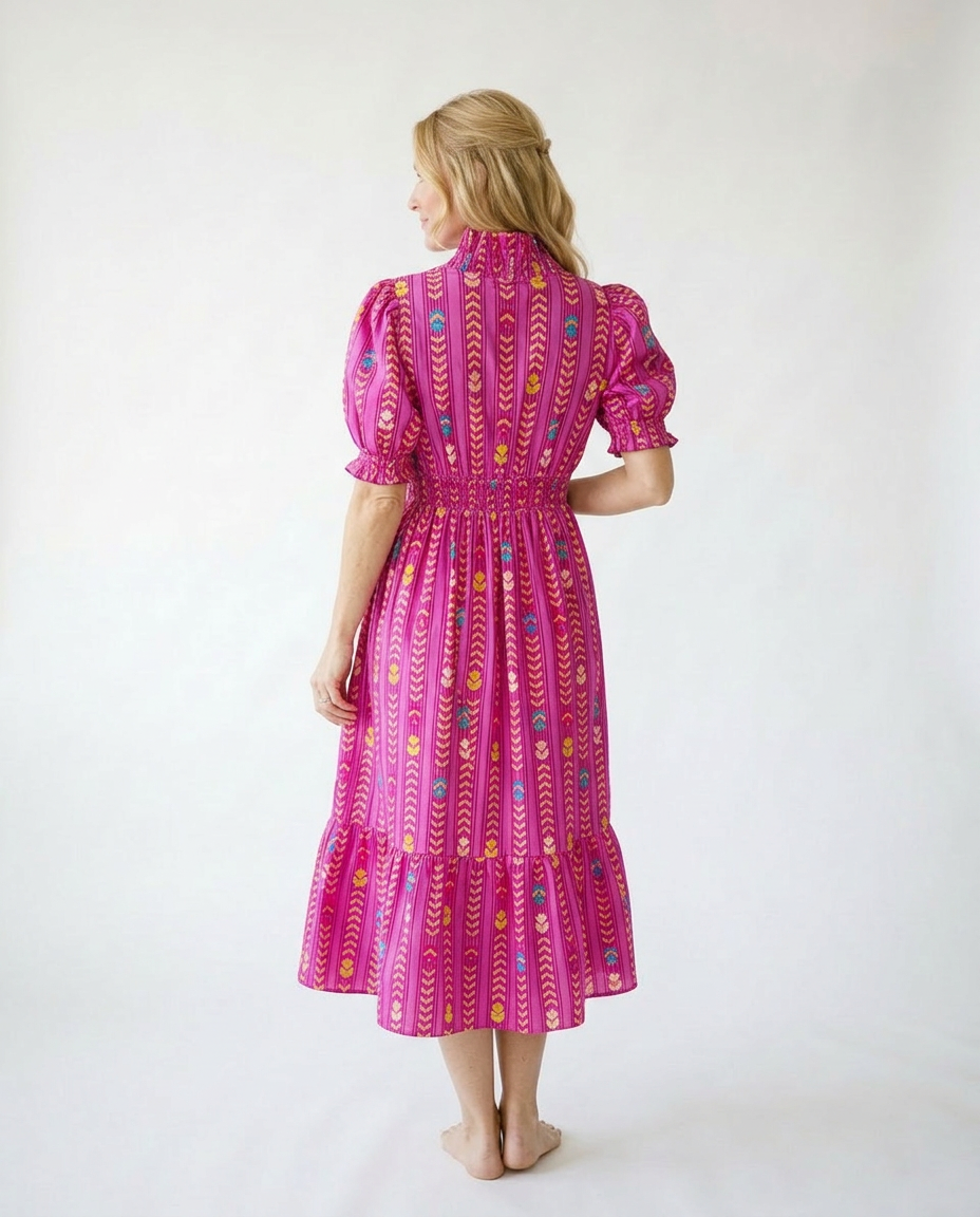 Vibrant Ruffle Smocked Midi Dress | Cottage Blush