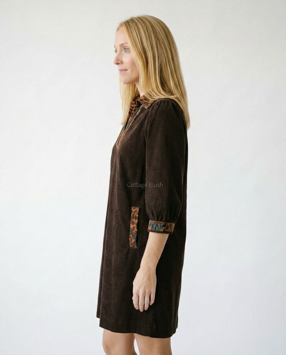 Umgee V-Neck Cotton Shift Dress with Contrast Trim