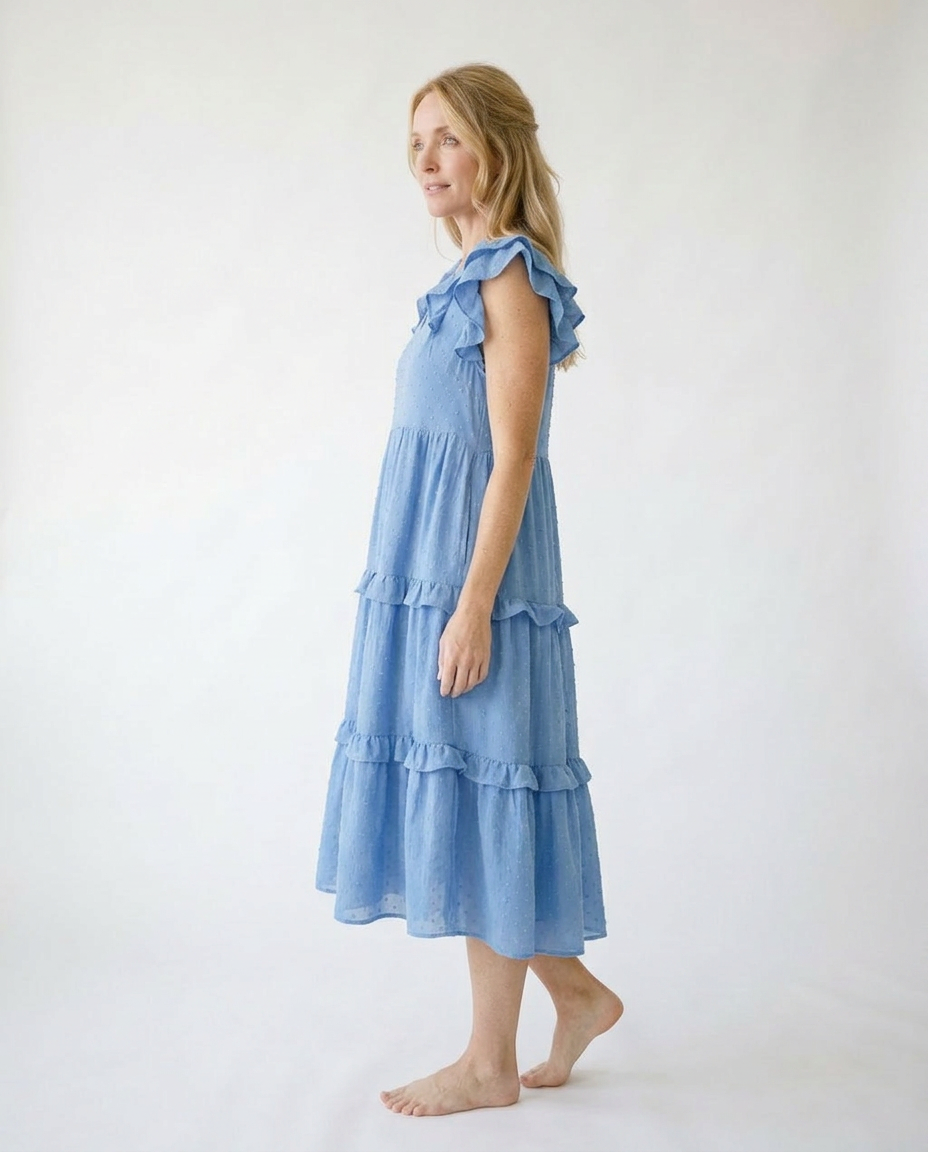 Textured Ruffle Sleeve Tiered Midi Dress | Cottage Blush